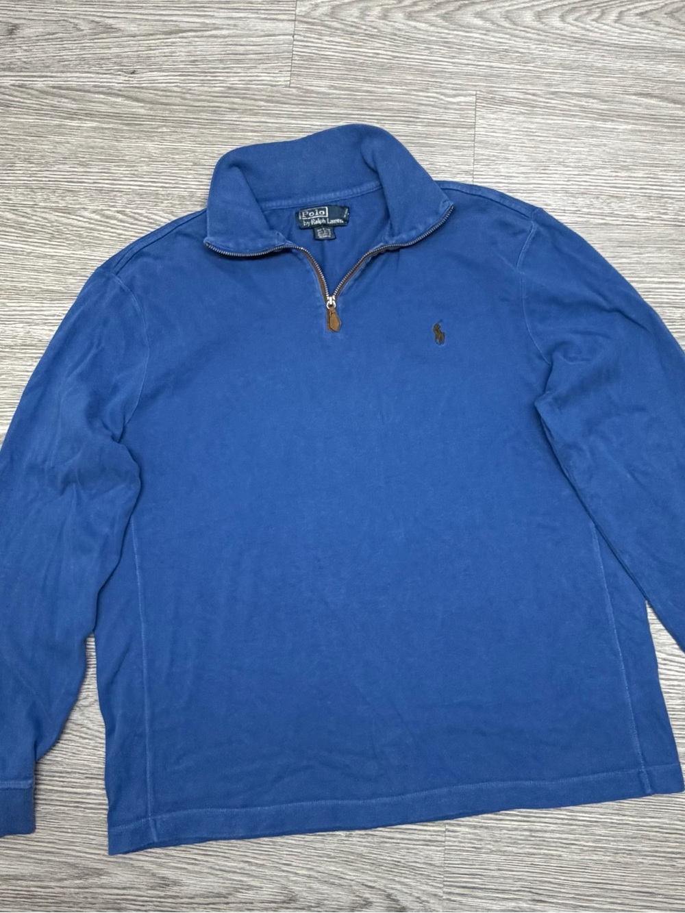 Vintage OG Polo Ralph Lauren Mens Blue Quarter Zip Pullover Sz M / L Suede Trim